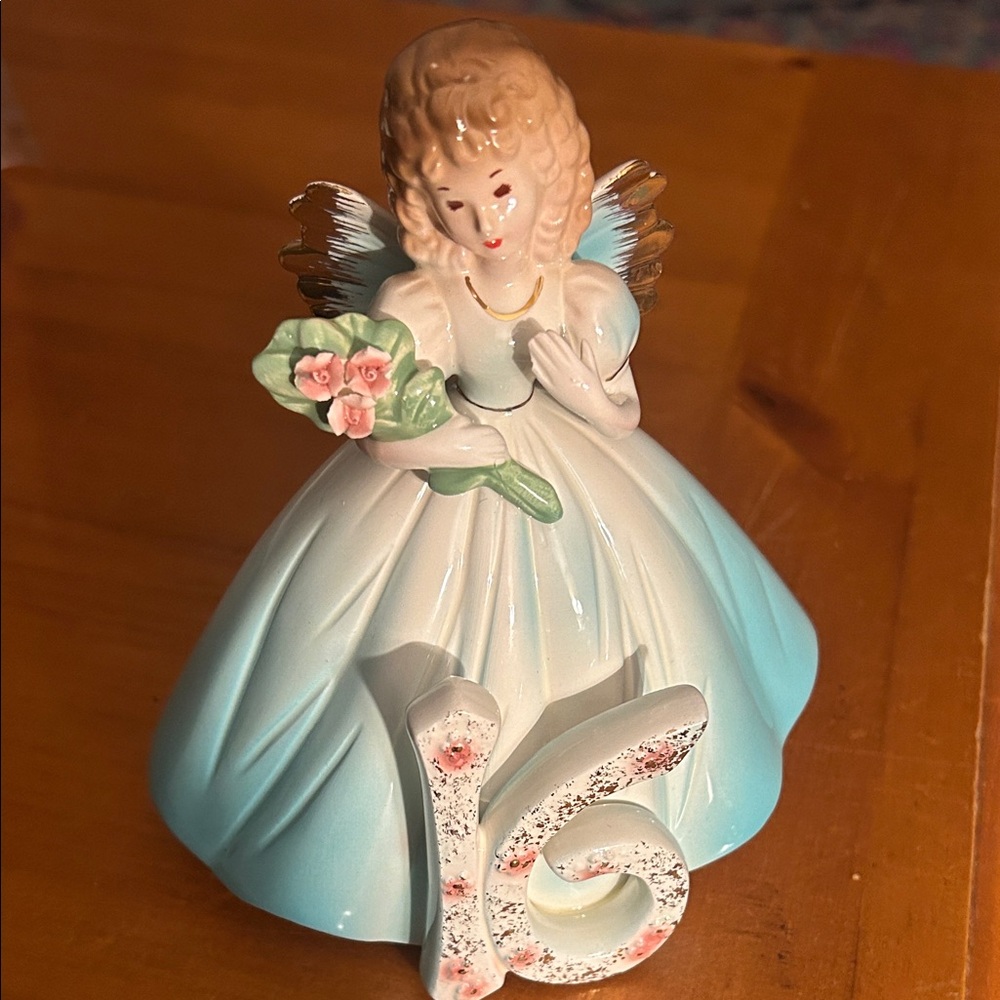 Josef Originals Vintage Ceramic Angel Figurine with Flowers and Number 16
